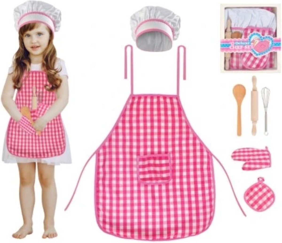 Ariko Luxe keuken chef speelset | Keukenschort Roze Inclusief Kookmuts, Ovenwant, Garde, Deegroller & Spatel | Kookset | Rollenspel | In mooie cadeaudoos |